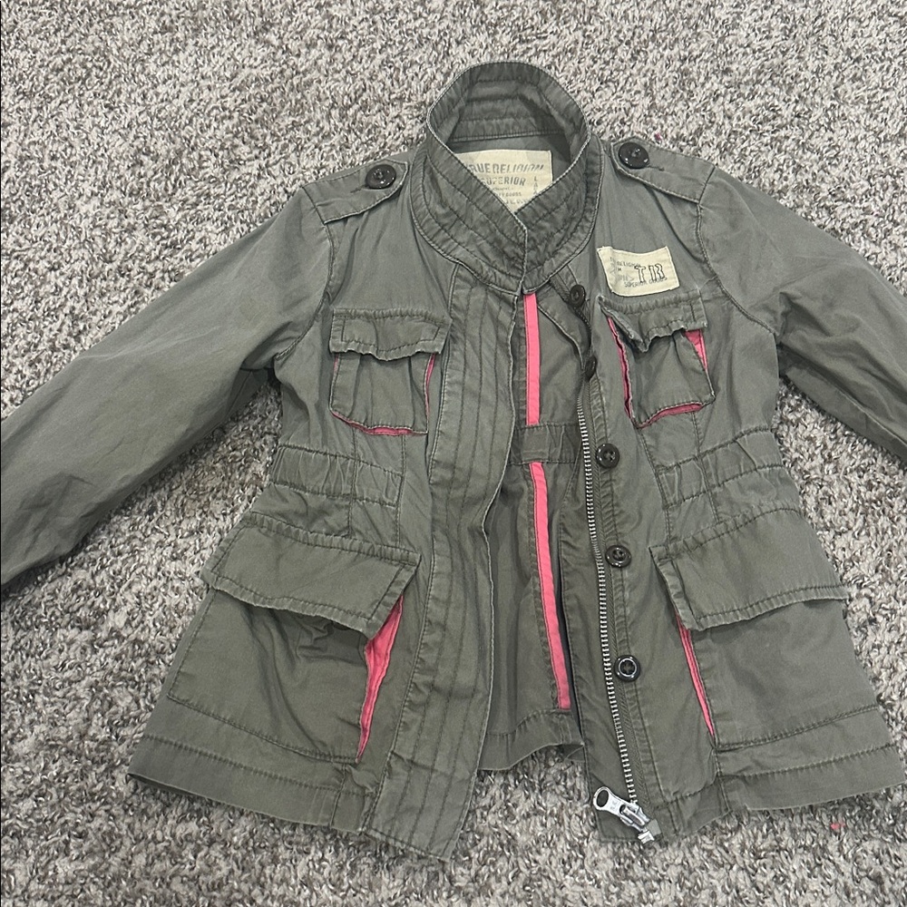 True Religion Khaki Jacket with Pink Trim size 4 kids